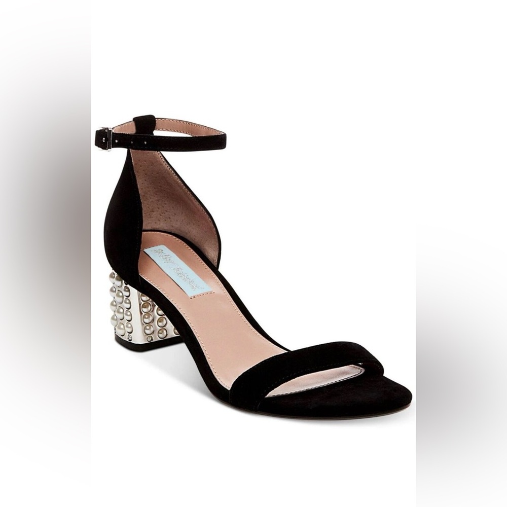 BETSEY JOHNSON Melli Black Satin Heeled Sandal Pearl Embellishment 7 NWOT